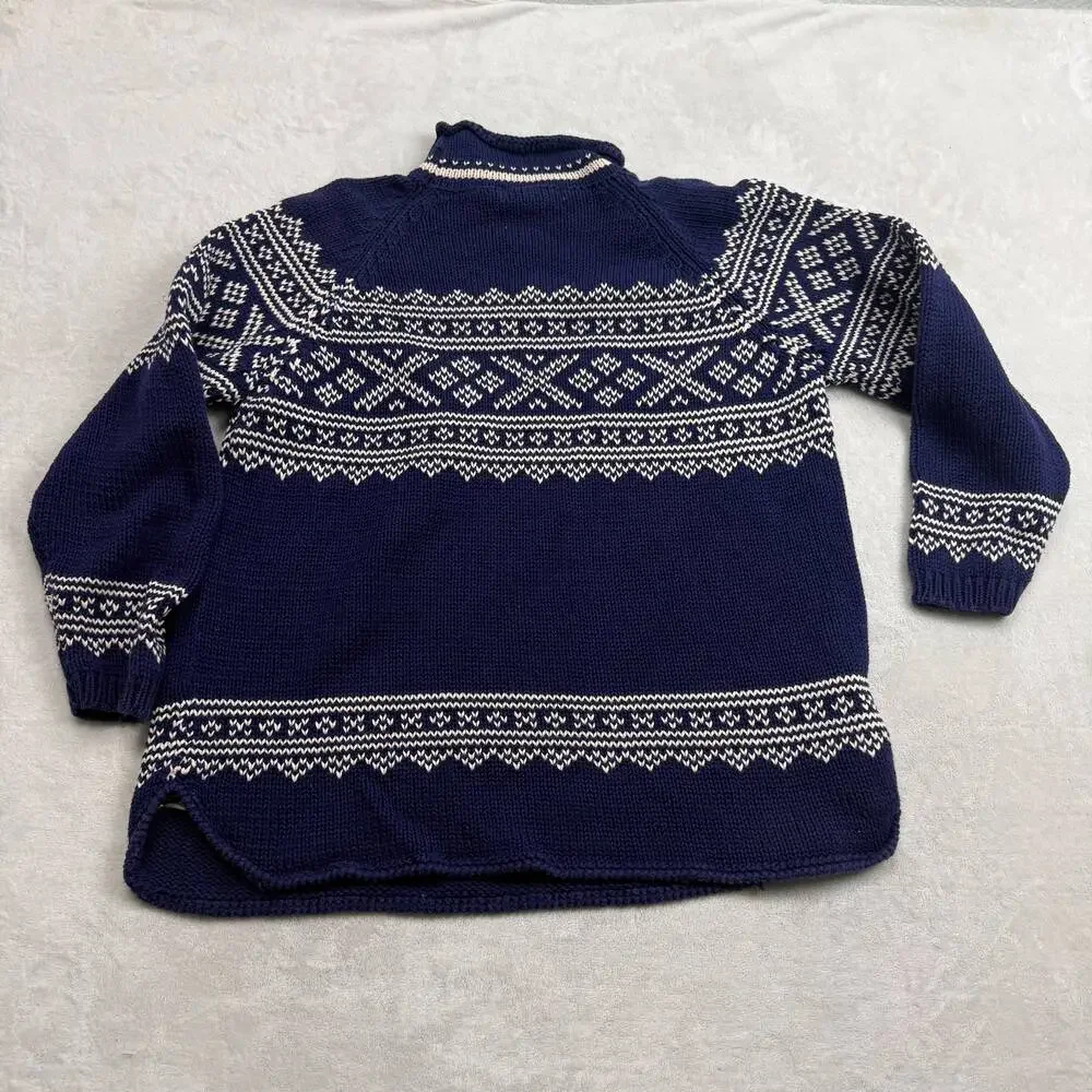Eddie Bauer Women's Sweater Navy Blue Size M Fair Isle Cotton Roll Neck Vintage_5